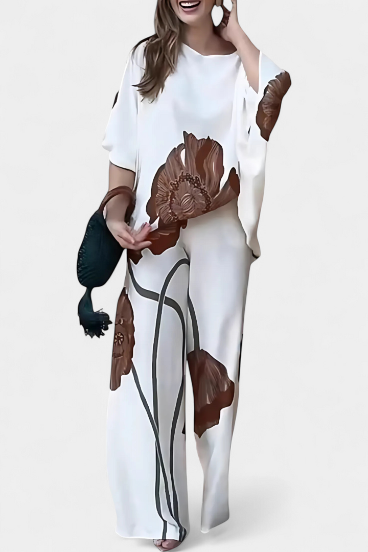 Belucia™ | Conjunto Floral de Dos Piezas con Hombro Descubierto y Pantalón Recto