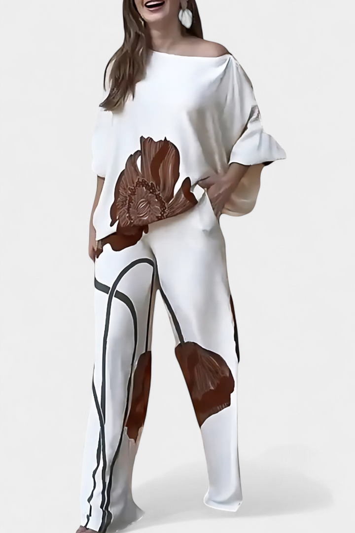 Belucia™ | Conjunto Floral de Dos Piezas con Hombro Descubierto y Pantalón Recto