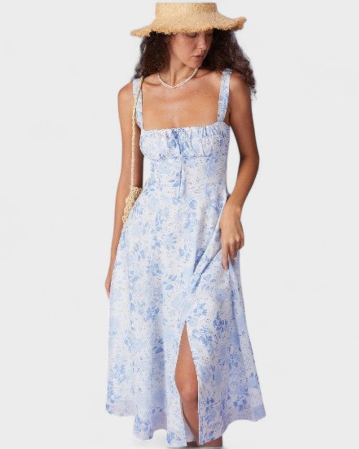 Renata | El vestido midi azul con estampado floral, escote cuadrado y fruncido