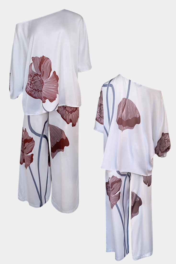 Belucia™ | Conjunto Floral de Dos Piezas con Hombro Descubierto y Pantalón Recto