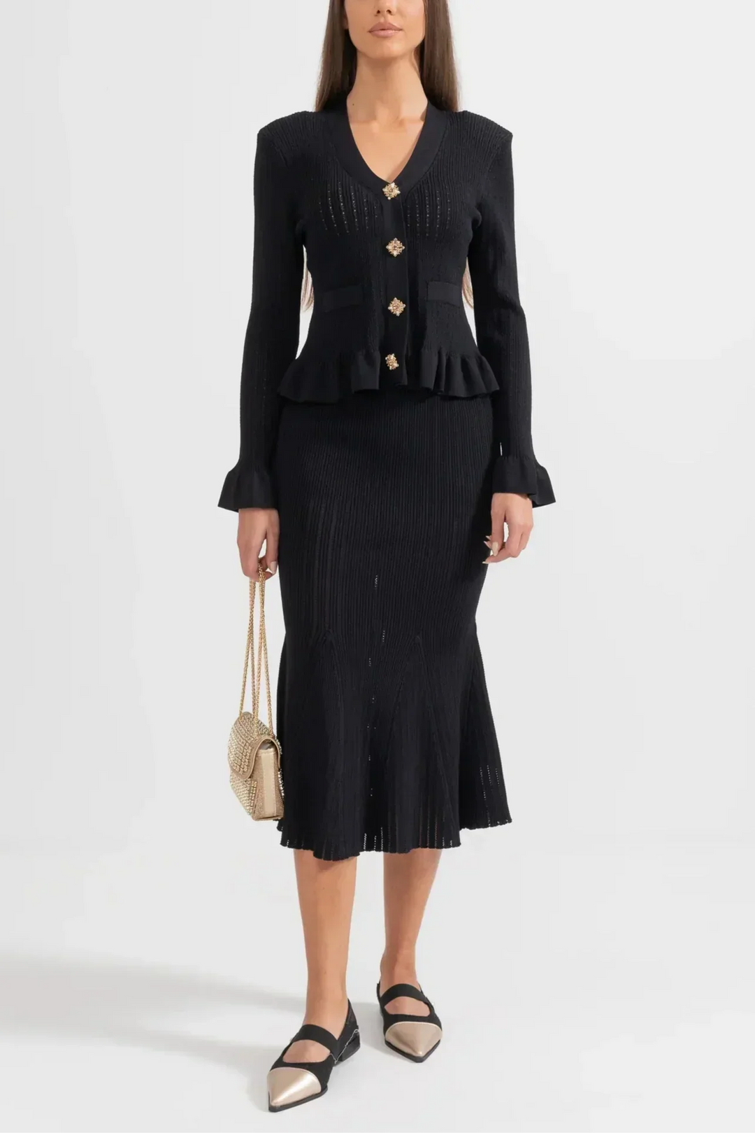 Belucia™ | Conjunto de Vestido Midi de Punto Refinado y Top con Botones