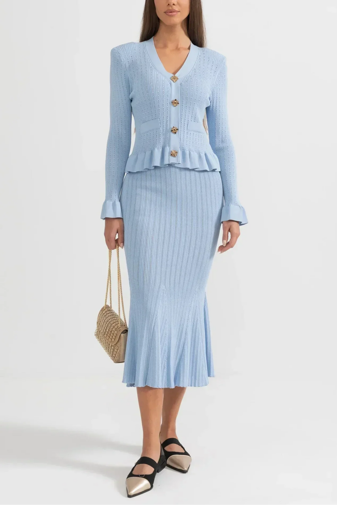 Belucia™ | Conjunto de Vestido Midi de Punto Refinado y Top con Botones