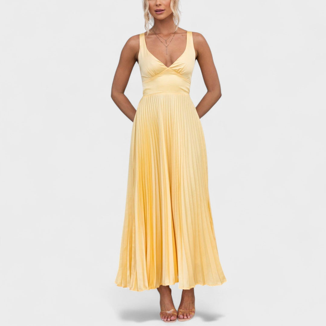 Belucia™ | Vestido largo plisado amarillo con escote en V