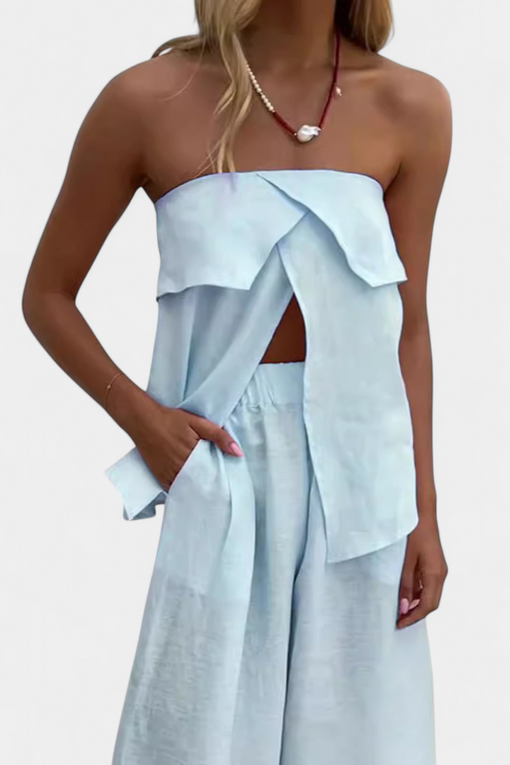 Belucia™ | Conjunto Strapless con Falda de Abertura en Color Liso